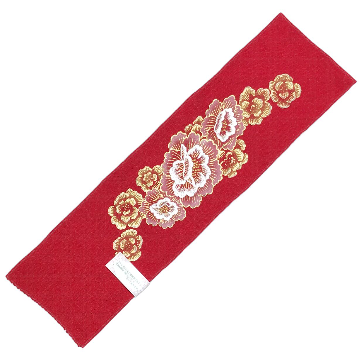 晴れ着にオススメ重厚な刺繍半襟 重厚な赤色 牡丹柄 No.10049 生地：絹100％ 刺繍糸：上糸レーヨン100％ 下糸ポリエステル100％ 日本製品 おしゃれ用にオススメ 絹素材 PPパッケージ はんえり 半襟 半衿 普段着用に おしゃれ着用にオススメ【キモノ仙臺屋の和装小物特集】