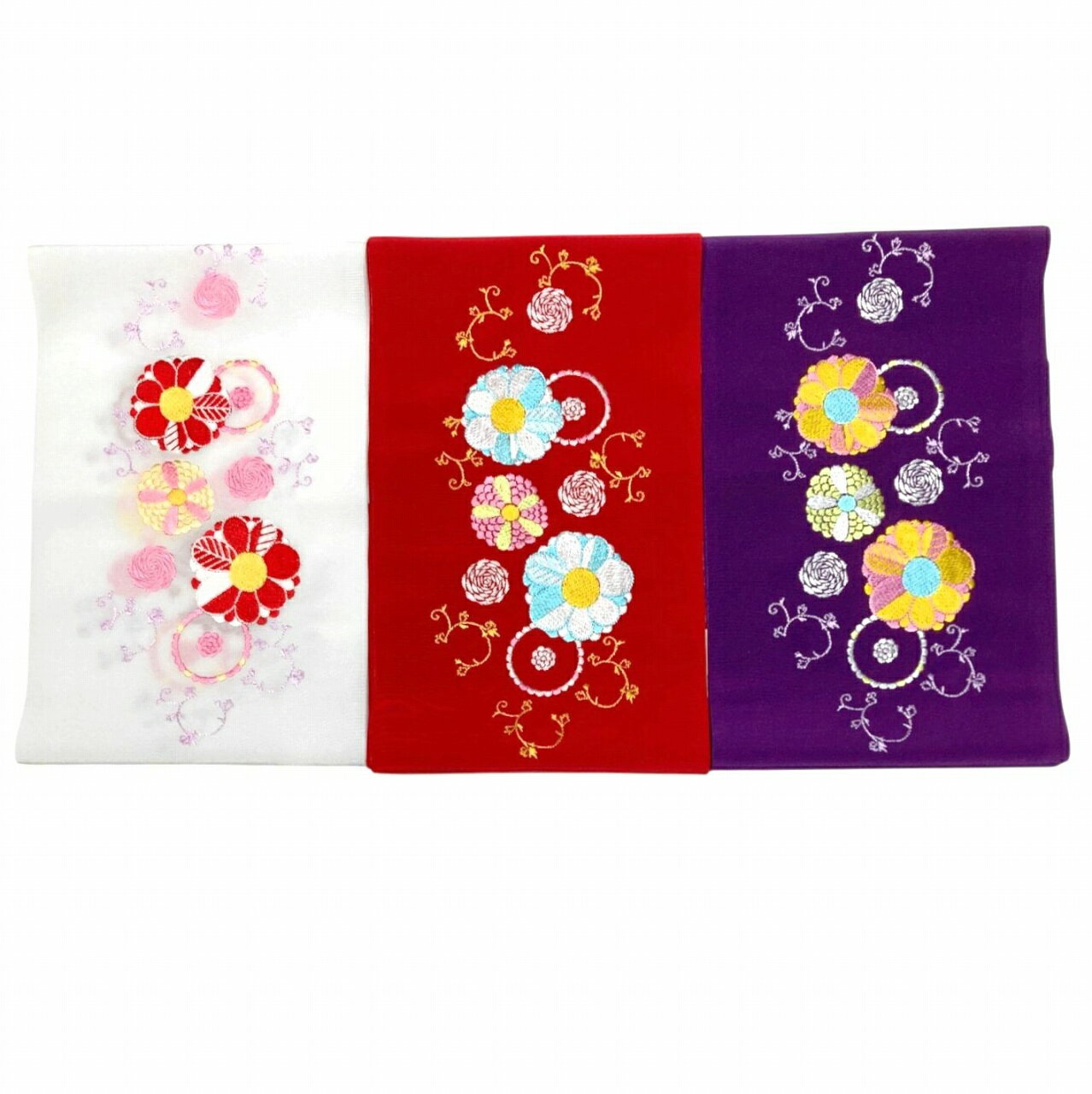お買い得 刺繍半衿 刺繍半襟 洗えるポリエステル 刺繍レーヨン 日No.10247〜10249本製 着物 和装小物 振袖 成人式 訪問着 付下げ 卒業式 結婚式 晴れ着 舞台衣装 豪華 華やか 地色 白色 赤色 紫色【キモノ仙臺屋の和装小物特集】