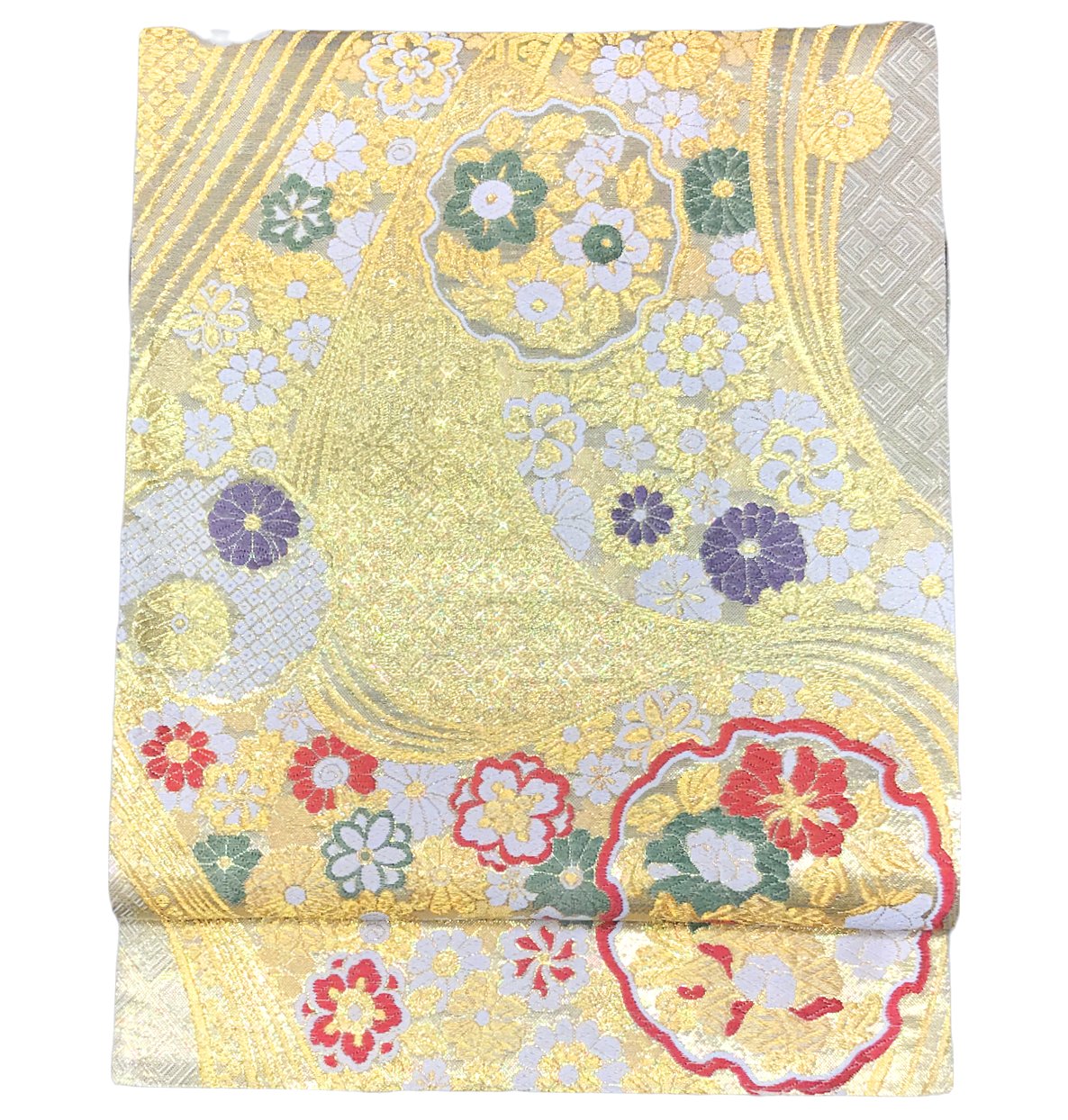 振り袖向き袋帯 貸衣装使用の中古袋帯 No.037 ママ振袖リニューアルにオススメ 使用頻度の低いリユース品 お仕立て上がり品 USED袋帯 中古帯 リサイクル品 貸衣装使用リユース品（長さ430cmから440cm）【しみ汚れ有り】【手芸にもオススメ】【中古】【リサイクル袋帯】