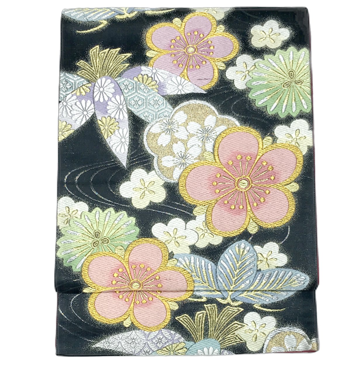 振り袖向き袋帯 貸衣装使用の中古袋帯 No.042 ママ振袖リニューアルにオススメ 使用頻度の低いリユース品 お仕立て上がり品 USED袋帯 中古帯 リサイクル品 貸衣装使用リユース品（長さ430cmから440cm）【しみ汚れ有り】【手芸にもオススメ】【中古】【リサイクル袋帯】