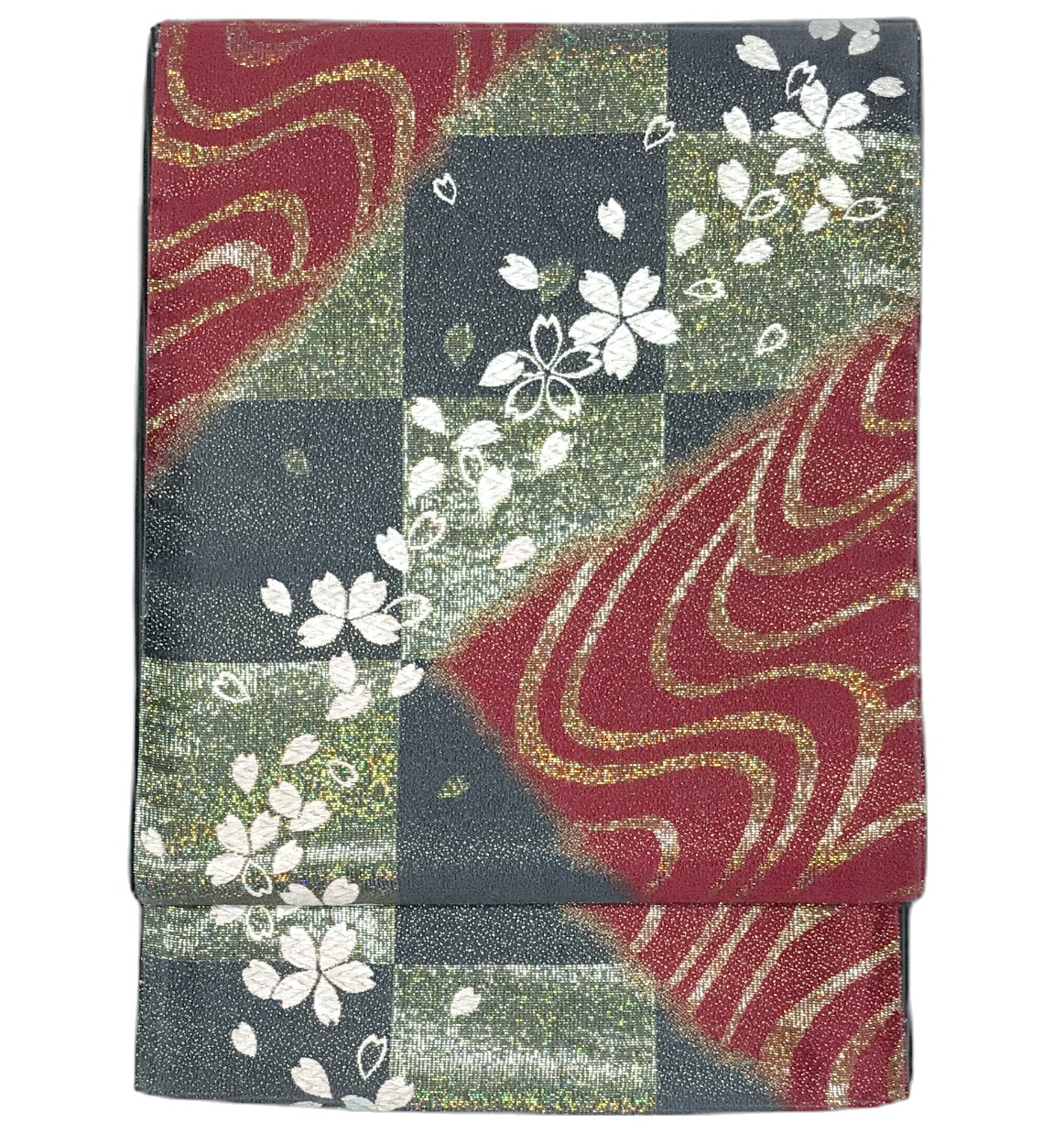 振り袖向き袋帯 貸衣装使用の中古袋帯 No.043 ママ振袖リニューアルにオススメ 使用頻度の低いリユース品 お仕立て上がり品 USED袋帯 中古帯 リサイクル品 貸衣装使用リユース品（長さ430cmから440cm）【しみ汚れ有り】【手芸にもオススメ】【中古】【リサイクル袋帯】