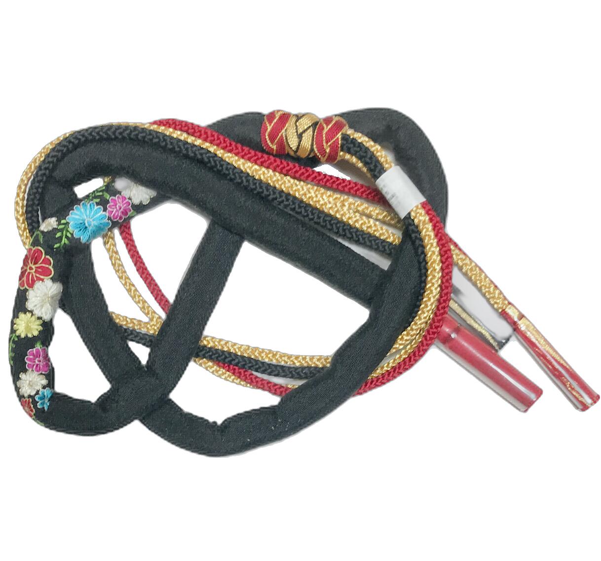 振袖用正絹丸ぐけ刺繍入り帯締め黒色...