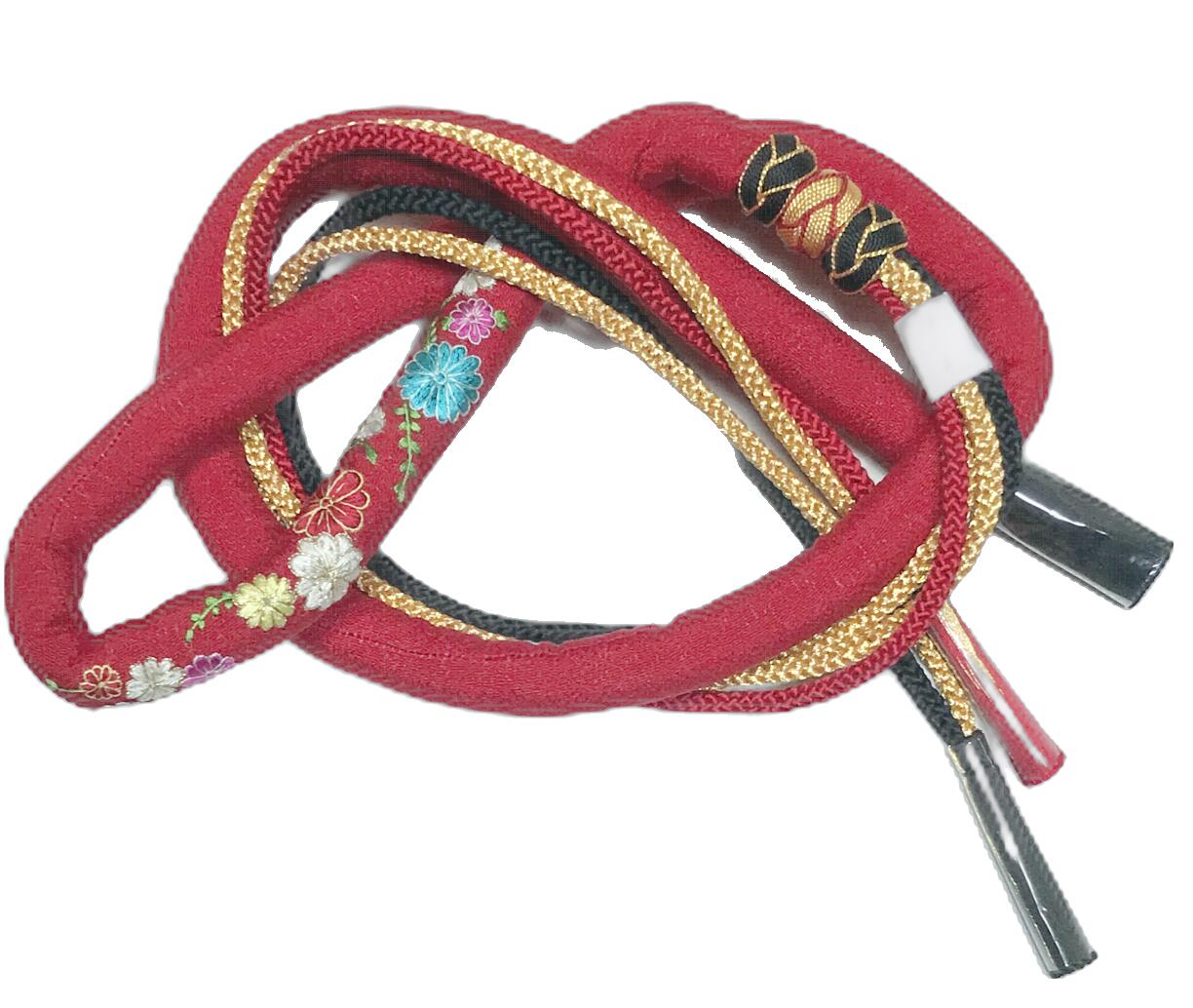 振袖用 正絹丸ぐけ刺繍入り帯締め 赤色 No.2617 絹100% 帯〆 卒業式 振袖 成人式 袴 帯締め 正絹 ママ..