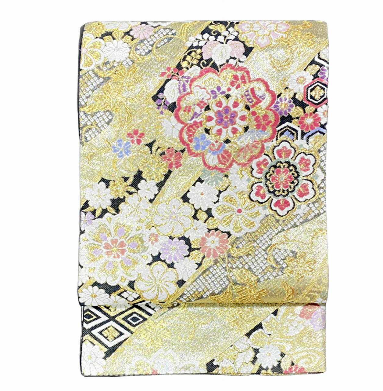 樂天商城 - 振り袖向き袋帯 貸衣装使用の中古袋帯 No.008 ママ振袖リニューアルにオススメ 使用頻度の低いリユース品 お仕立て上がり品 USED袋帯 中古帯 リサイクル品 貸衣装使用リユース品（長さ430cmから440cm）【しみ汚れ有り】【手芸にもオススメ】【中古】【リサイクル袋帯】
