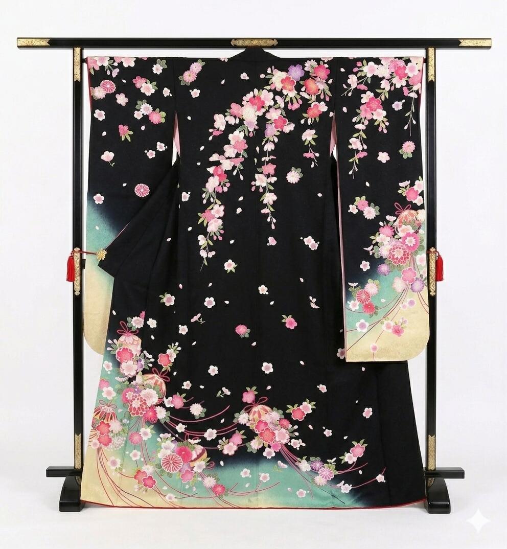 【美品】 振袖 袋帯 セット 黒色 正絹 貸衣装使用 リユース品 使用頻度少 お仕立て上がり 2点セット 成人式 振袖フルセット ママ振袖 持ち込み リユース振袖 リサイクル着物 (帯締め帯揚げ長襦袢 草履バッグセットはオプション)【中古】送料無料 3