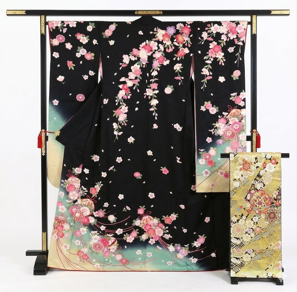 【美品】 振袖 袋帯 セット 黒色 正絹 貸衣装使用 リユース品 使用頻度少 お仕立て上がり 2点セット 成人式 振袖フルセット ママ振袖 持ち込み リユース振袖 リサイクル着物 (帯締め帯揚げ長襦袢 草履バッグセットはオプション)【中古】送料無料 2