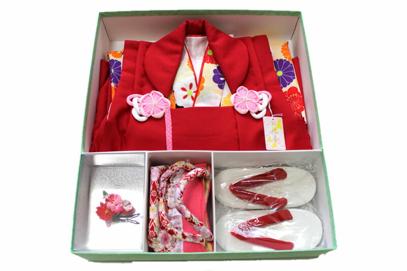 【送料無料】三歳/3才女児お祝い着(古典柄菊/着物:肌色×黒色/被布:赤色/七五三・洗える)