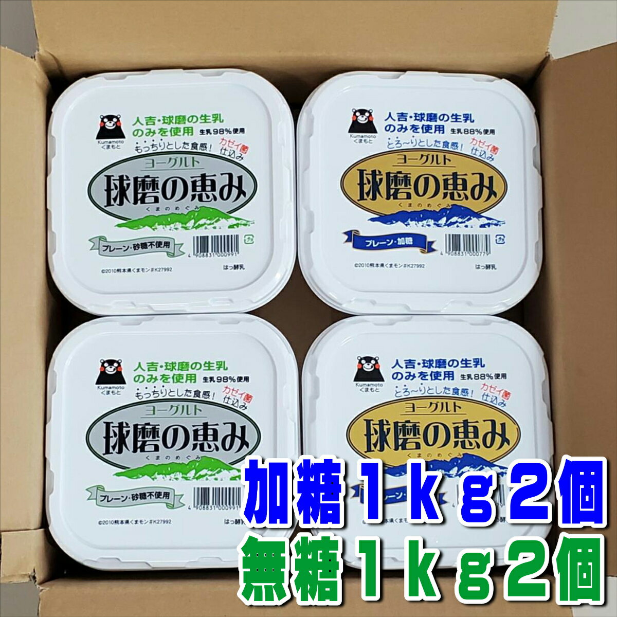 球磨酪農 球磨の恵ヨーグルト無糖1k×2個 球磨の恵ヨーグルト加糖1k×2 送料無料 人吉球磨　球磨酪 ヨーグルト 1kg ジャンボサイズ　無糖タイプ