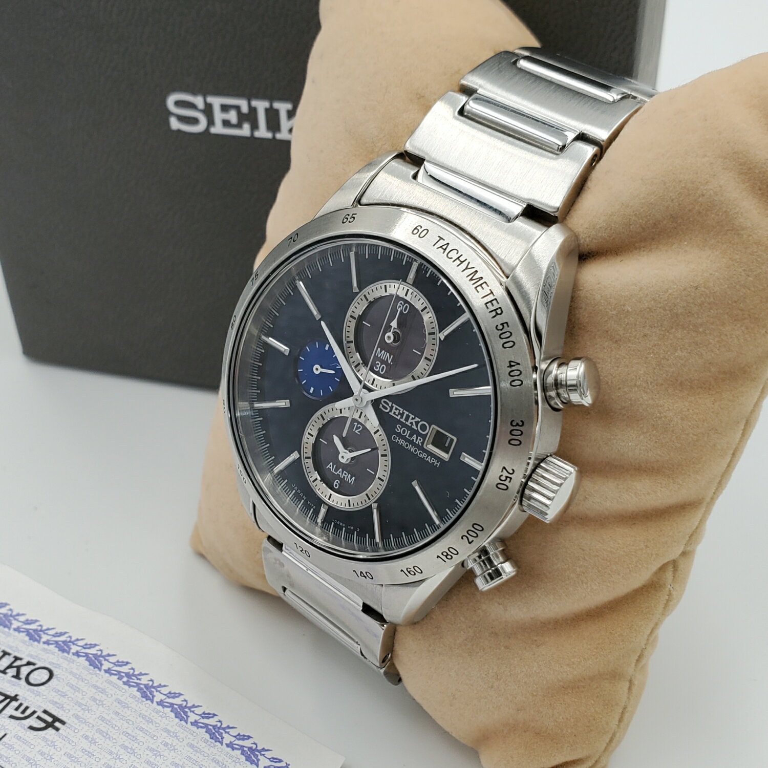 良品 セイコー スピリット スマートソーラークロノグラフ SEIKO SBPY115 ブルー 青い文字盤 ソーラー腕時計 アラーム V172-0AP0 ビジネス腕時計 稼働品【中古】