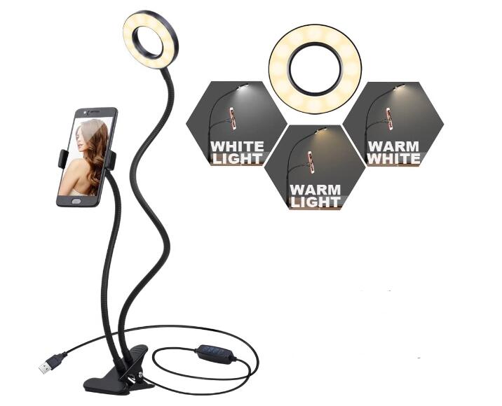 リングライト クリップ LED 自撮り 美白効果 2in1タイプ 360度調整可能 三色モード 10階段調光 スマホホルダー付き 化粧補光 Tik Tok YouTube 生放送