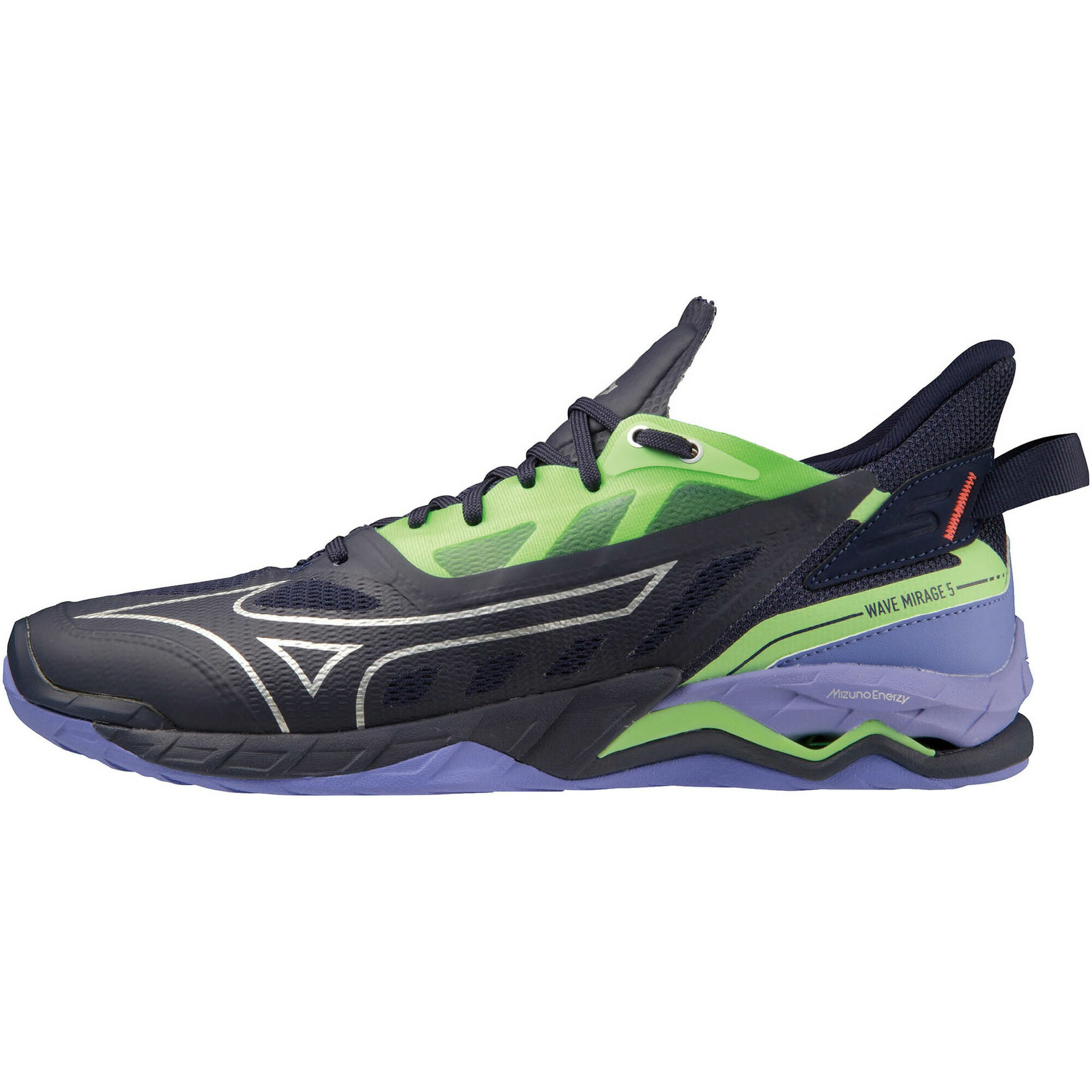 ■メーカー名：mizuno（ミズノ） ■品名：WAVE MIRAGE 5 ■品番：X1GA2350 ■カラー：11(パープル×グリーン×シルバー) ■サイズ：23.0～29.0,30,31cm ■幅ラスト：2E相当 ■素材：アッパー：人工皮革（合成皮革）+合成繊維 ■ミラージュの最新モデル。 新ソール設計がスピードを求めるプレーヤーのパフォーマンスを最大限に引き出す！ アッパー本体の人工皮革基布に50％以上のリサイクル素材を使用。 ■備考 こちらの商品ですが店頭でも販売をしているためご注文後にお取り寄せや在庫切れになる可能性がございます。 中には店頭展示品もございます。 化粧箱が無い場合もございます。 多少の傷・汚れはノークレームにてお願いします。 お急ぎの方や確実なお取り引きをご希望の方は必ずご注文前に在庫のご確認をお願いします。 ハンド/ハンドボール/ハンドシューズ/2E/ノンマーキング インドアシューズ/屋内用/屋内シューズ