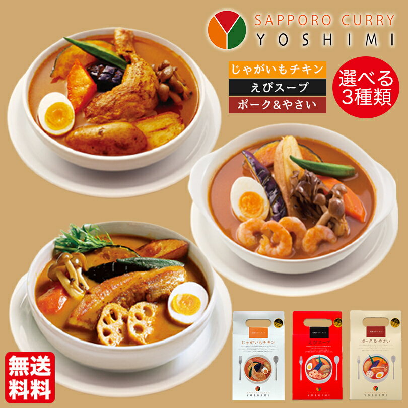 YOSHIMI スープカレー 選べる3種 2個セット 送料無料 送料込 えびスープ じゃがいもチキン ポーク＆やさい 詰め合わせ 札幌 有名 スープカレー チキンレッグ お土産 贈り物 プレゼント ギフト ソウルフード 人気 北海道 お取り寄せ 名店