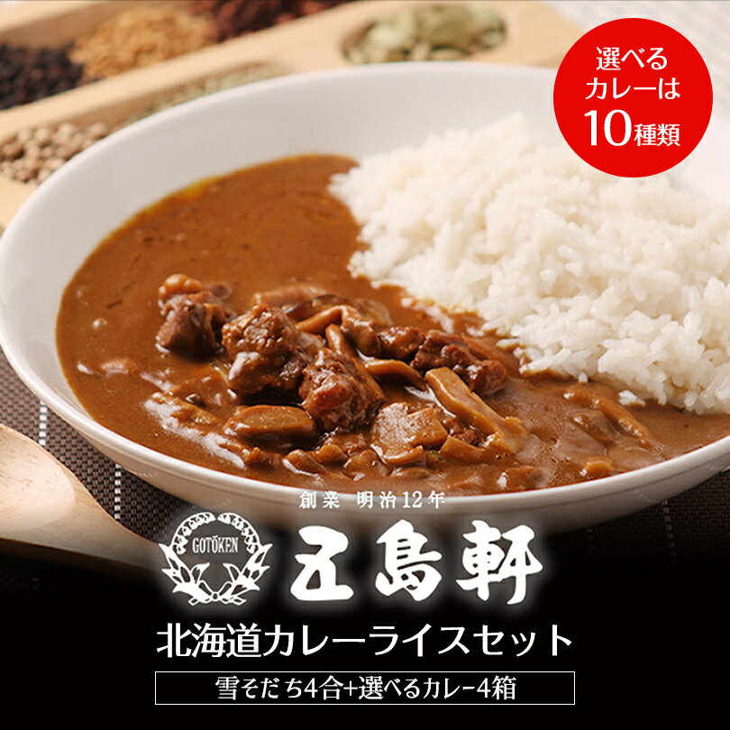 北海道カレーライスセット カレールー選べる4箱セット 米4合 2本 送料無料 ななつぼし 五島軒 函館 カレー ルー レトルト 雪そだち 食べ比べ 詰め合わせ ギフト 甘口 中辛 バレンタインのサムネイル