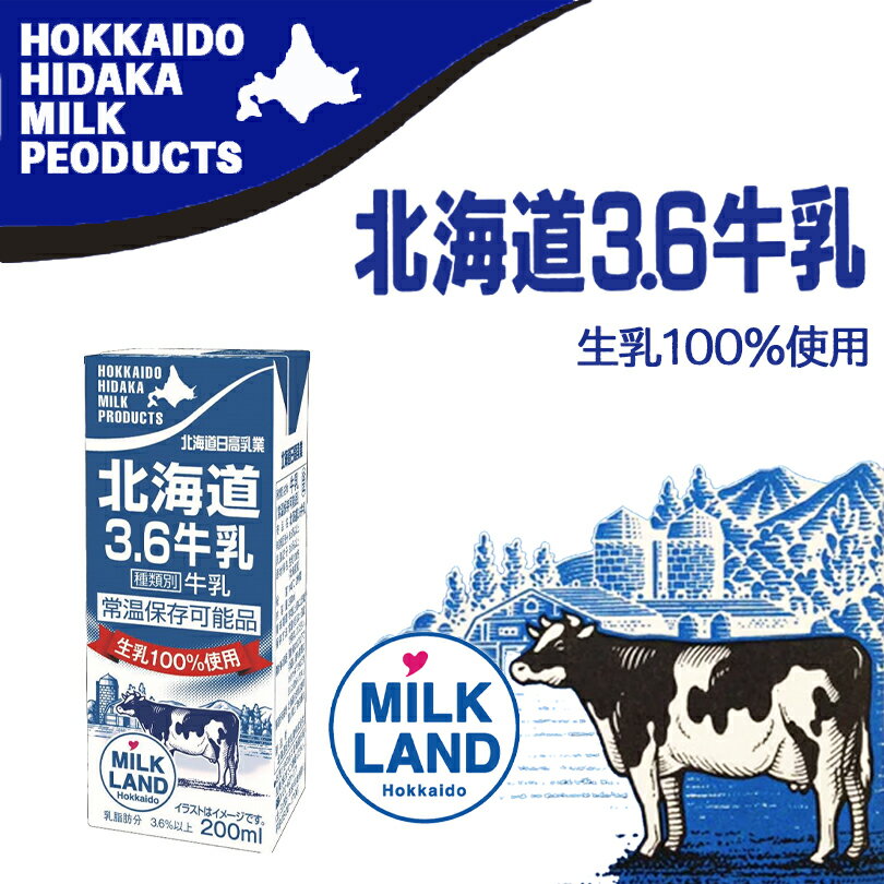 北海道日高3.6牛乳200ml 送料無料 牛乳 ミルク 乳製品 お土産 プレゼント ギフト 日高 生乳100％ milk ..