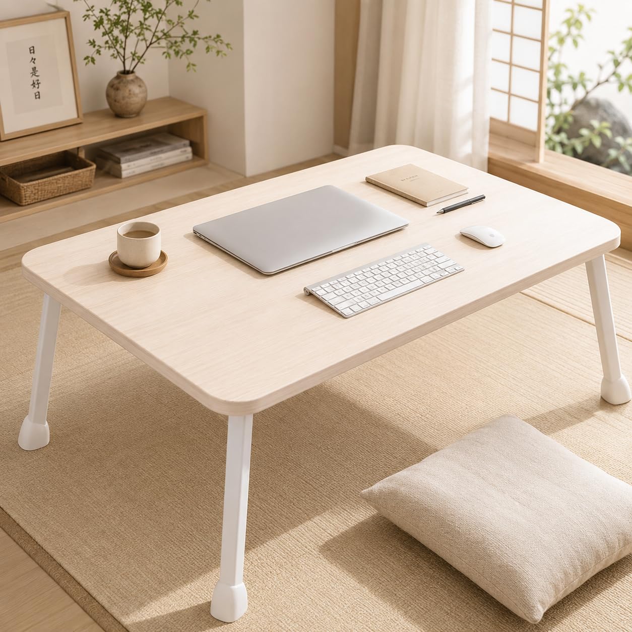 折りたたみテーブル ちゃぶ台 幅70cm*奥行40cm*高さ34cm 組み立て不要 パソコンデスク リモートワーク ミニテーブル 座卓 コンパクト タブレットスタンド ドリンクホルダー付き 持ち運び便利 sennotane-10000122 千乃種 パッケージ画像