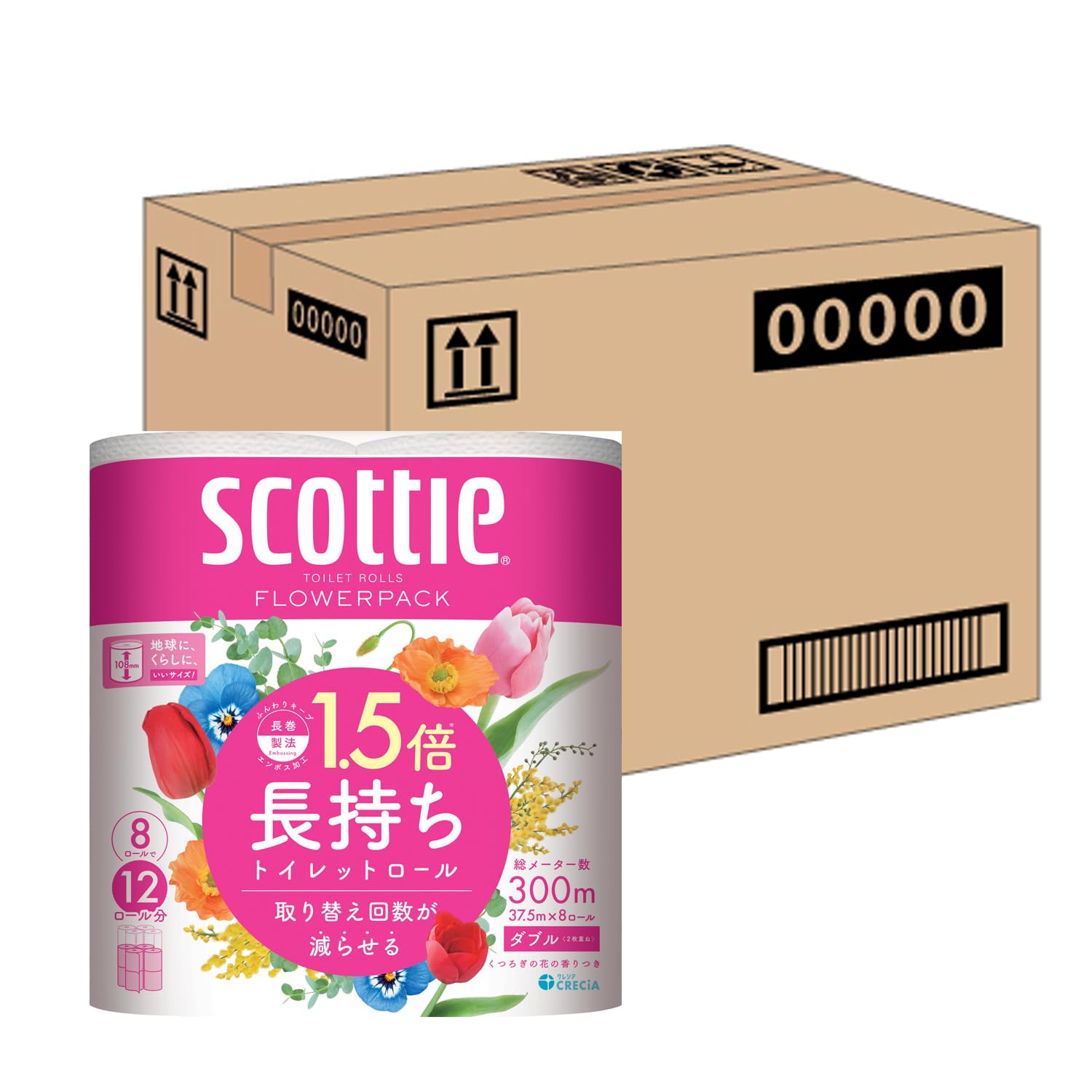 長巻きタイプのトイレットロールブラント名:スコッティメーカー名: 日本製紙クレシア商品の重量: 10.06kilogramsブラント名:スコッティ1ロールの長さが1.5倍だから、8ロールで12ロール分の長さ(スコッティフラワーパック12ロール比)。37.5mダブル。たっぷり使えて取り替えの手間が減り、収納もコンパクト。クレシア独自のエンボス加工で、ふっくら・やわらか仕上げの長巻きトイレットロール。家庭用ホルダー適応サイズ。温水洗浄器でも気持ちよく使っていただけます。ほのかな花の香りつき。