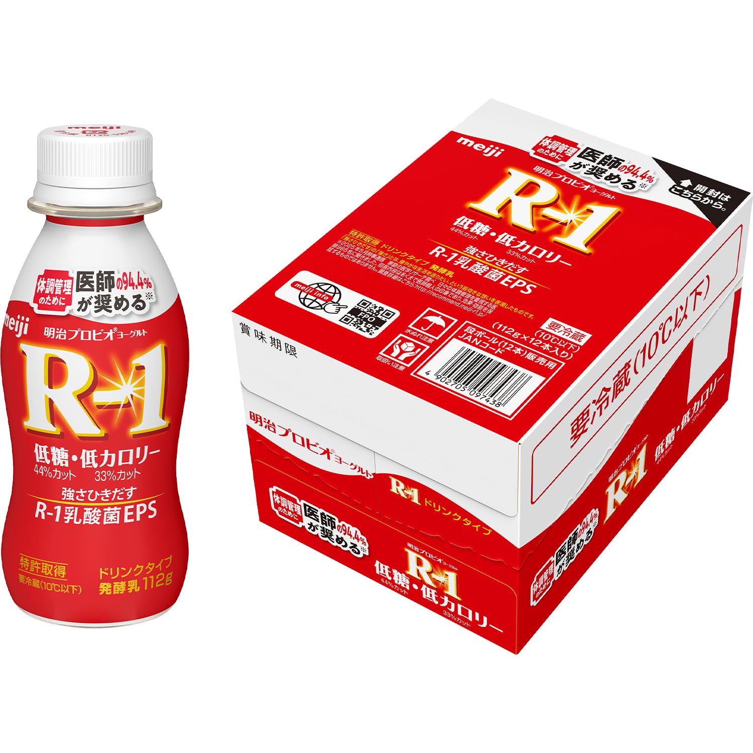 1073R-1乳酸菌を使用したのむヨーグルト色:白梱包サイズ:128.0mm×144.0mm×192.0mmパッケージ重量: 1798.0 g商品紹介 1073R-1乳酸菌入りで、糖分やカロリーの摂り過ぎを気にすることなく、毎日おいしく飲み続けて頂けるドリンクタイプヨーグルト。糖分やカロリーを低減し、しっかりとコクの味わえる風味を実現した「明治プロビオヨーグルトR-1 ドリンクタイプ 低糖・低カロリー」毎日飲むものだからこそ、まとめ買いに最適! アマゾン専用BOXで、安心クール便でお届け。パッケージ記載の賞味期限より10日〜14日前の商品を発送致します（発送日時点） 原材料・成分 1本(112g)当たり:エネルギー 49kcal、たんぱく質 3.3g、脂質 0.6g、炭水化物 7.5g(糖類 6.5g)、食塩相当量 0.11g、カルシウム 121mg、 R-1乳酸菌EPS 3.3mg 使用方法 直接ボトルから飲んでください。 安全警告 置き配でのお届けはできません。告知なしに商品パッケージ等が異なる場合がございますので、あらかじめご了承ください。 続きを見る