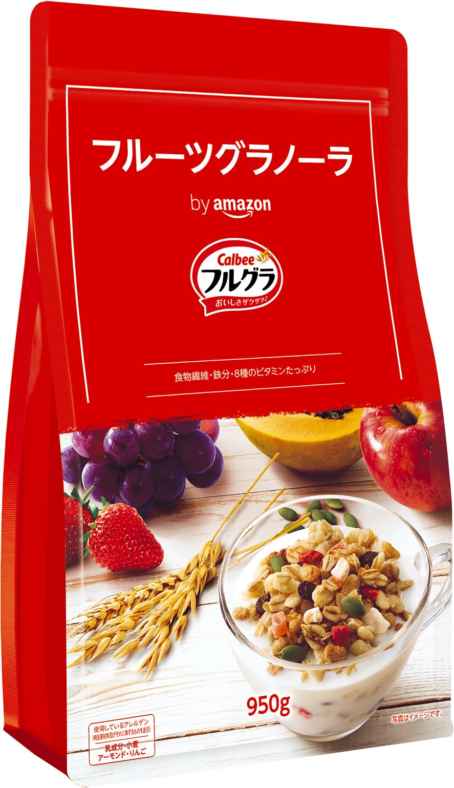 内容量:950gザクザクとした食感、豊かな彩り、香ばしい香り原産国:日本食物繊維・鉄分たっぷり、8種のビタミンも摂れます原材料: オーツ麦(オーストラリア又はフィンランド又はその他)、ライ麦粉、砂糖、乾燥果実(パパイヤ、レーズン、りんご、いちご)、小麦粉、ココナッツ、マルトデキストリン、植物油、米粉、水溶性食物繊維、コーンフラワー、かぼちゃの種、アーモンドパウダー、食塩、小麦ふすま、玄米粉、りんご果汁、乳糖 / グリセリン、クエン酸鉄Na、酸味料、酸化防止剤(ビタミンE、ローズマリー抽出物)、加工デンプン、ナイアシン、パントテン酸Ca、ビタミンA、ビタミンB6、ビタミンB1、葉酸、ビタミンD、ビタミンB12ブランド商品紹介 フルグラはオーツ麦、ライ麦、玄米などの穀物を丁寧に焼き上げたグラノーラに、彩り豊かなフルーツを絶妙なバランスでミックスした食食シリアル。食物繊維・鉄分たっぷり、8種のビタミンも摂れて体にうれしく、ザクザクとした食感が朝のここちのよい目覚めにぴったりです。 原材料・成分 オーツ麦(オーストラリア又はフィンランド又はその他)、ライ麦粉、砂糖、乾燥果実(パパイヤ、レーズン、りんご、いちご)、小麦粉、ココナッツ、マルトデキストリン、植物油、米粉、水溶性食物繊維、コーンフラワー、かぼちゃの種、アーモンドパウダー、食塩、小麦ふすま、玄米粉、りんご果汁、乳糖 / グリセリン、クエン酸鉄Na、酸味料、酸化防止剤(ビタミンE、ローズマリー抽出物)、加工デンプン、ナイアシン、パントテン酸Ca、ビタミンA、ビタミンB6、ビタミンB1、葉酸、ビタミンD、ビタミンB12