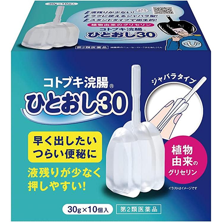 【注意】こちらの商品は医薬品です！！ 医薬品は使用上の注意をよく読み用法・用量を守って正しくお使いください。 同梱されている添付文書を必ずお読みください。 ■商品名 コトブキ浣腸ひとおし 30g×10個入 ■商品説明 ユニバーサルデザインの視点から開発された日本初の横ジャバラ式浣腸です。 やさしい力で簡単に押しつぶせ、液残りが少ないように工夫された柔らかい横ジャバラ式の容器。 お年寄りや力の弱い方でもゆっくりと無理なく注入でき、液残りも少なくなっています。 また、ノズルは薬液を奥までしっかり届ける事ができしかも安心な約4cm。 介護にも使いやすい形です。 底部は床に置いても倒れる事のないスタンドタイプ。 ご使用時の様々な使用環境を考え、衛生にも配慮しました。使う人の立場から生まれたコトブキ浣腸です。 従来タイプの浣腸ではご満足いただけない方におすすめします。 ■効果・効能 便秘 ■用法・用量 12歳以上：1回1個（30g）を直腸内に注入して下さい。 それで効果のみられない場合には、さらに同量をもう一度注入して下さい。 (2本目をご使用の際は、1時間あけた方が効果的です。) ■使用方法 1. キャップをはずす キャップをはずしノズルを肛門部へストッパーまで挿入します。 2. クスリをいれる 容器をおしつぶしながらゆっくりと薬液を注入します。 3. しばらくがまん 目安として、3分から10分待ち、便意が充分に強まってから排便して下さい。 ノズルを真上に向け、薬液を少し押し出し、先端周囲をぬらすと挿入しやすくなります。 ●用法・用量に関する注意 (1)用法・用量を厳守して下さい。 (2)本剤使用後は、便意が強まるまで、しばらくがまんして下さい。 (使用後すぐに排便を試みると薬剤のみ排出され、効果がみられないことがあります。) (3)12才未満の小児には、使用させないで下さい。 (4)無理に挿入すると直腸粘膜を傷つけるおそれがあるので注意して下さい。 (5)冬季は容器を温湯(40度位)に入れ、体温近くまで温めると快適に使用できます。 (6)浣腸にのみ使用して下さい。(内服しないで下さい。) ■成分・分量 本品1個（30g）中 日局グリセリン：15.00g 添加物：ベンザルコニウム塩化物含有 溶剤：精製水使用 ■使用上の注意 〇してはいけないこと 連用しないで下さい。 (常用すると、効果が減弱し(いわゆるなれが生じ)薬剤にたよりがちになります。) 〇相談すること 1. 次の人は服用前に医師、薬剤師または登録販売者に相談してください。 (1)医師の治療を受けている人。 (2)妊婦又は妊娠していると思われる人。 (流早産の危険性があるので使用しないことが望ましい。) (3)高齢者。 (4)次の症状のある人。 　はげしい腹痛、吐き気・嘔吐、痔出血 (5)次の治療を受けた人。 　心臓病 2. 2〜3回使用しても排便がない場合は、使用を中止し、この文書を持って医師、薬剤師又は登録販売者に相談して下さい。 〇その他の注意事項 次の症状があらわれることがあります。 　立ちくらみ、肛門部の熱感、不快感 ■保管上の注意 ・直射日光の当たらない湿気の少ない涼しい所に保管してください。 ・小児の手の届かない所に保管してください。 ・他の容器に入れ替えないでください。（誤用の原因になったり品質が変わることがあります） ・使用期限をすぎた製品は服用しないでください。 ■リスク区分 第2類医薬品 ■生産国 日本 ■製造販売元 ムネ製薬株式会社 兵庫県淡路市尾崎859 ■お問い合わせ先 ムネ製薬株式会社 電話：0120-85-0107 受付時間：8：30〜17：00（土、日、祝日を除く） ※パッケージデザイン・内容量等は予告なく変更されることがあります。 ※医薬品に関しては特別な表記がない限り、6ヵ月以上の使用期限の物を販売しております。 　6ヵ月以内の物に関しては、使用期限を記載いたします。 医薬品に関する記載事項はこちら☆【第2類医薬品】コトブキ浣腸ひとおし 30g×10個入 浣腸 便秘 コトブキ製薬 液残りが少なく押しやすい！ 5