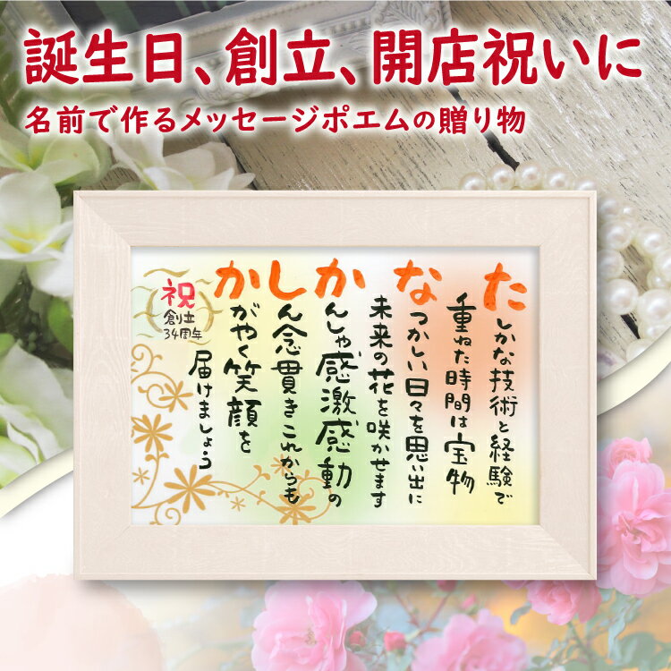 名前詩 名前ポエム 誕生日 祝い 名前 詩 （A4 里文字 1～2人）ネーム ポエム 名前ポエム 名前詩 ウッドホワイ額入り 両親 金婚式祝い 銀婚式 母 父 感謝 プレゼント 開店 創立 還暦 古希 傘寿 米寿 卒寿 お祝い 退職 結婚 定年 退職 喜寿 ギフト ポップ系 言葉 ころっとした 文字