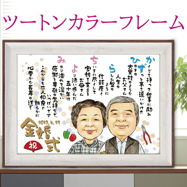 しあわせ 似顔絵 と 名前 ポエム A4 ツートンカラー 額入り 1〜2人 人気 名前 詩 ネーム ポエム 金婚式 お祝い 還暦祝い プレゼント名入れ 詩 写真から LINEやりとりOK 両親 結婚 銀婚 退職祝い 結婚祝い 米寿祝い 古希 喜寿 誕生日 ギフト 送料無料