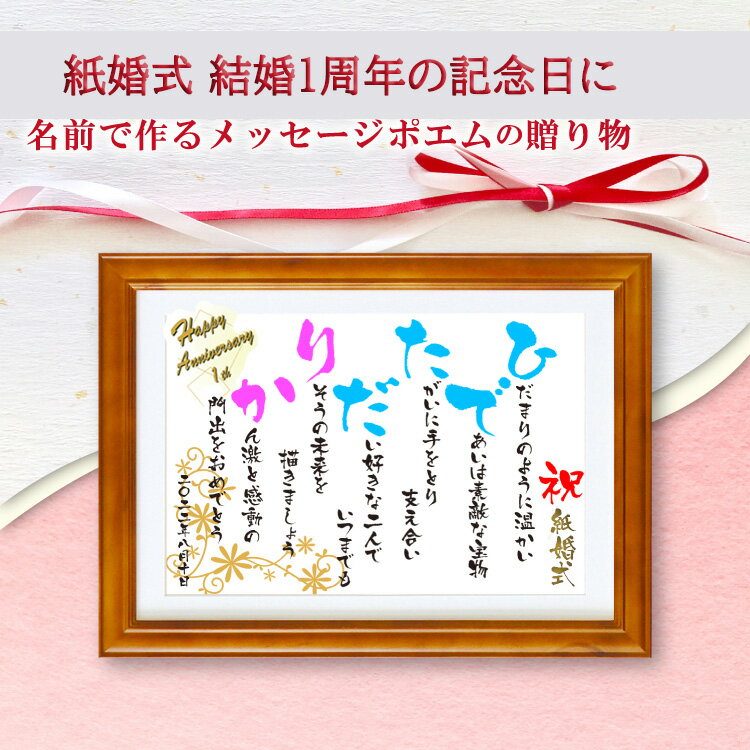 紙婚式プレセント 【名前詩のお客様確認あり】 名前ポエム (Sサイズ 京 筆文字 1~2人) 結婚記念日 ネーム ポエム 紙婚式祝い 結婚 1周年記念 額入 妻...