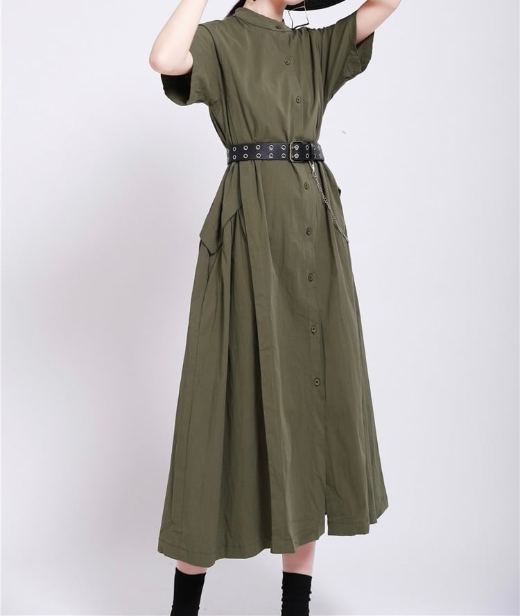 ワンピース ロング丈 シャツ ビッグシルエット ゆったり オーバーサイズ 体型カバー ワントーン 無地 Aライン フレア スカート 半袖 袖あり 送料込み 送料無料 グリーン ブラック ベージュ