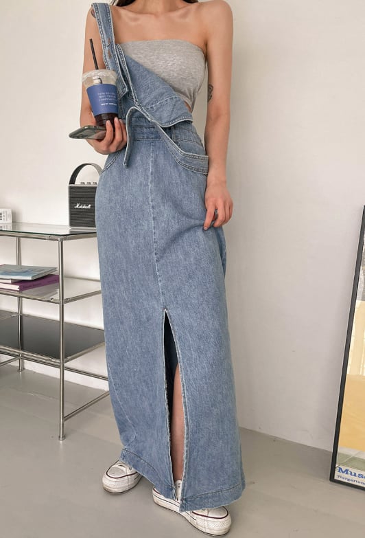 デニム サスペンダースカート ジャンパースカート ロング丈 フロントスリット セクシー タイト ミモレ丈 かわいい 大人可愛い きれいめ シンプル カジュアル 大人 上品 おしゃれ お洒落 2