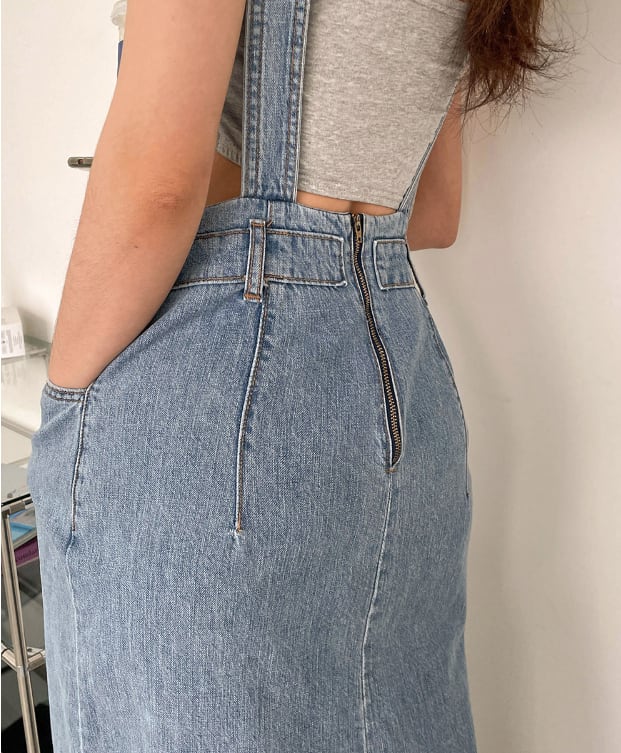 デニム サスペンダースカート ジャンパースカート ロング丈 フロントスリット セクシー タイト ミモレ丈 かわいい 大人可愛い きれいめ シンプル カジュアル 大人 上品 おしゃれ お洒落 3
