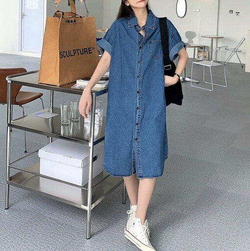 デニム シャツワンピース 半袖 前開き ひざ下 ストレート ブルー レトロ 古着風 無地 ボーイッシュ ストリート 羽織 かわいい 大人可愛い きれいめ シンプル カジュアル 大人 上品 おしゃれ デニム シャツワンピース 半袖 前開き ひざ下 ストレート ブルー レトロ 古着風 無地 ボーイッシュ ストリート 羽織 かわいい 大人可愛い きれいめ シンプル カジュアル 大人 上品 おしゃれ
