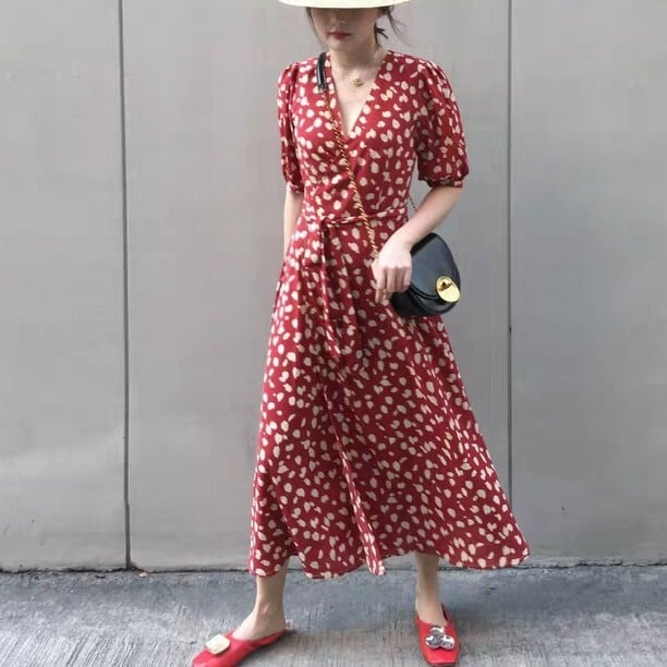 Rakuten - Vネック 5分袖 ワンピース ロング丈 ハイウエスト ミモレ丈 フレア カシュクール ダルメシアン フラワー かわいい 大人可愛い きれいめ シンプル カジュアル 大人 上品 おしゃれ お洒落