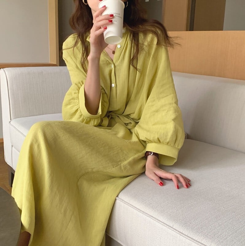 Rakuten - ランタンスリーブ ロング丈 ワンピース クルーネック ハイウエスト リボン ゆったり フレア くすみカラー 華奢見え かわいい 大人可愛い きれいめ シンプル カジュアル 大人 上品 おしゃれ