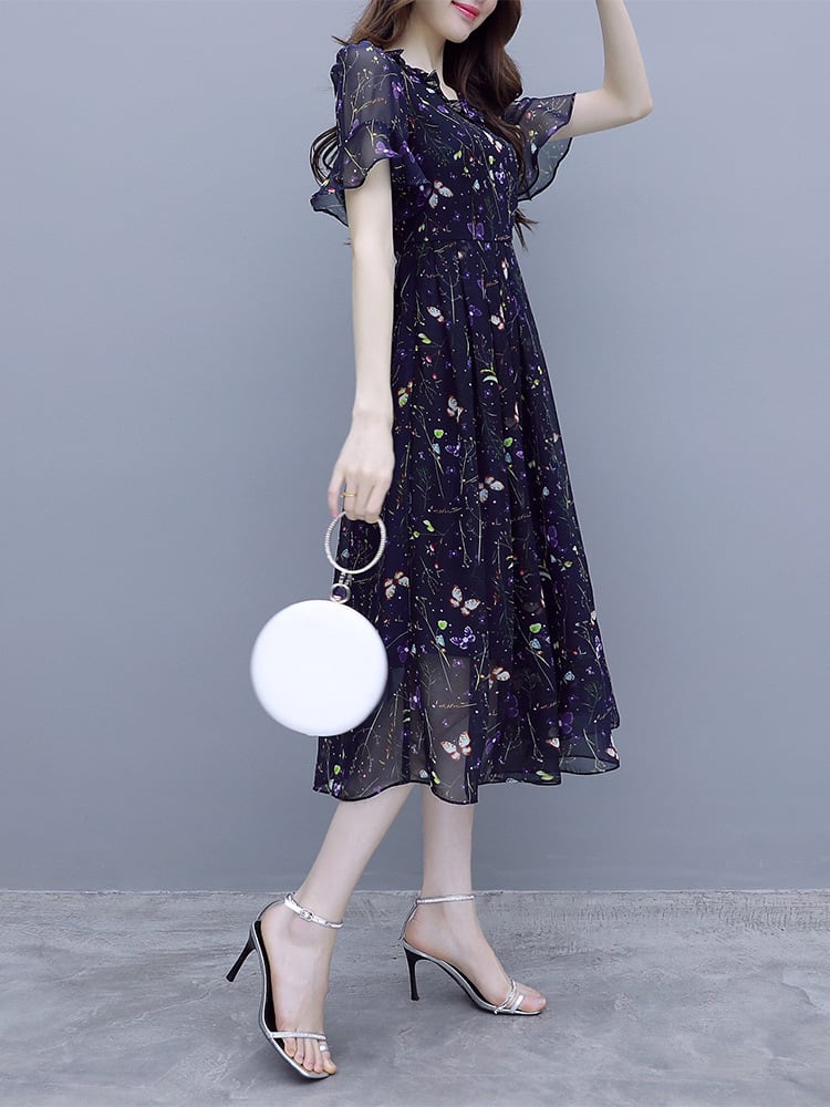 ワンピース 上着 人気 おすすめ おしゃれ お洒落 激安 安い 送料無料 プチプラ シースルー 半袖 ロングスカート Vネック 柄 フリル ウエスト くびれ ボリューム プリント 透け 花柄 可愛い