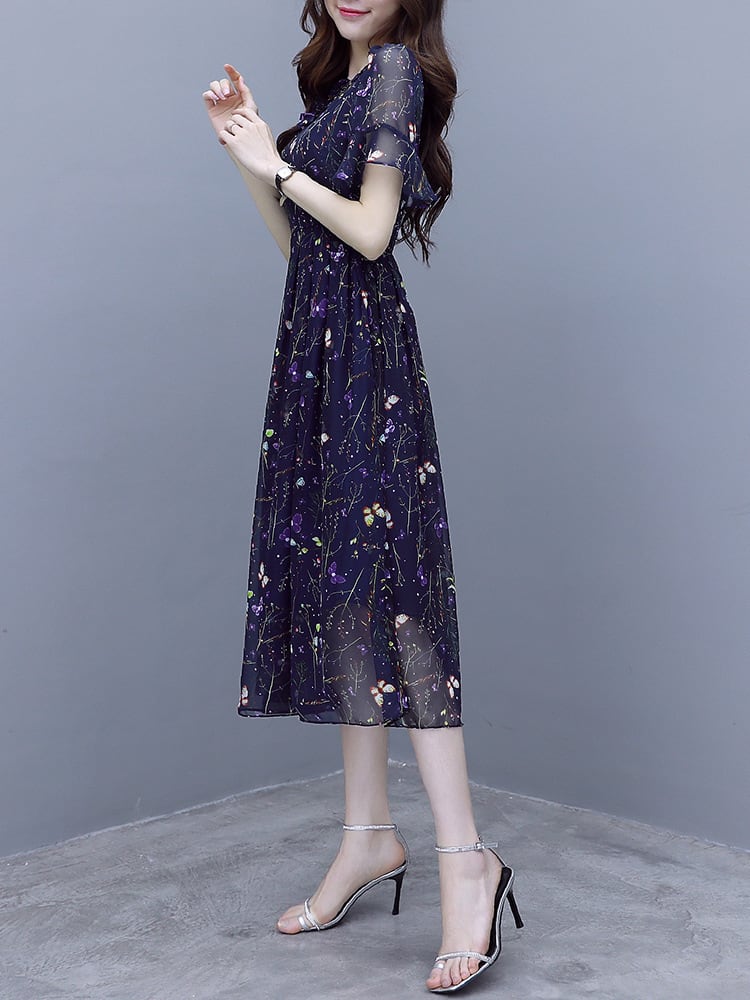 ワンピース 上着 人気 おすすめ おしゃれ お洒落 激安 安い 送料無料 プチプラ シースルー 半袖 ロングスカート Vネック 柄 フリル ウエスト くびれ ボリューム プリント 透け 花柄 可愛い