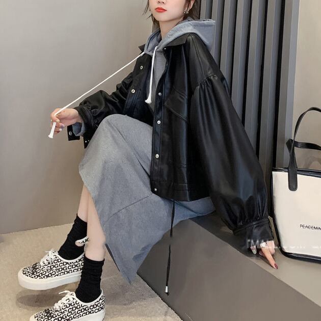 アウター 上着 ジャンパー ブルゾン ライダースジャケット ショート丈 クロップド丈 ボックスシルエット オーバーサイズ ドロップショルダー 無地 襟付き レザー調 フェイクレザー