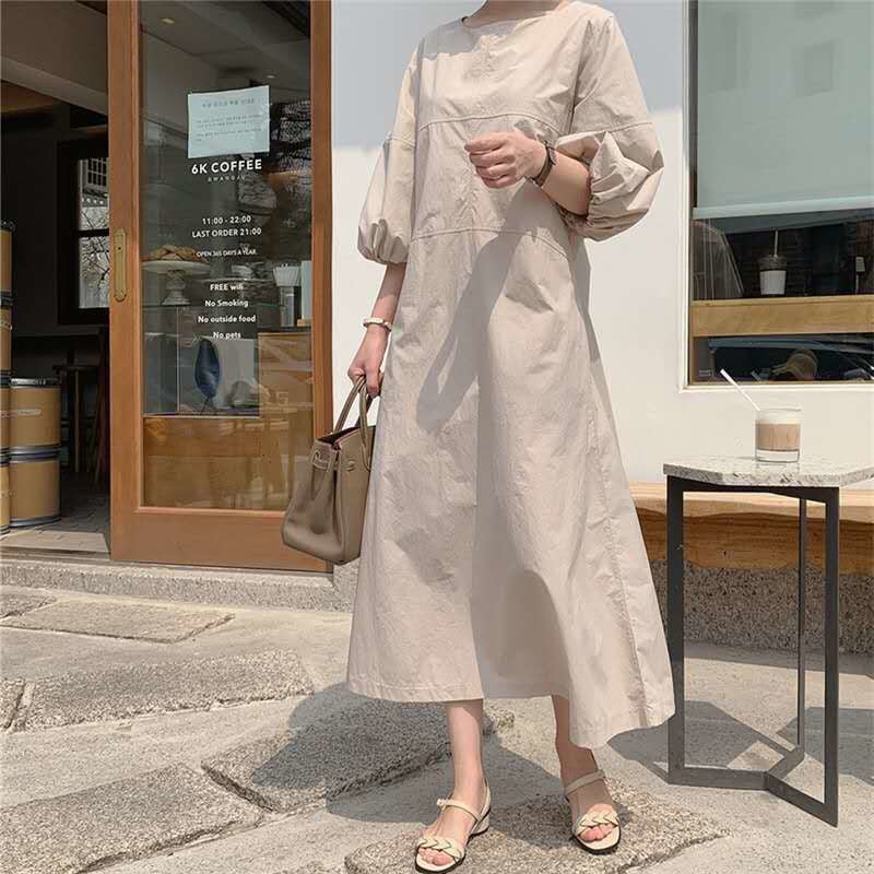 Rakuten - ワンピース ロング丈 袖あり 7分袖 七分袖 長袖 ボリューム袖 ランタンスリーブ かわいい 大人可愛い シンプル カジュアル 大人 上品 おしゃれ かっこいい レトロ 大人女子 ラフ 無地 春 秋