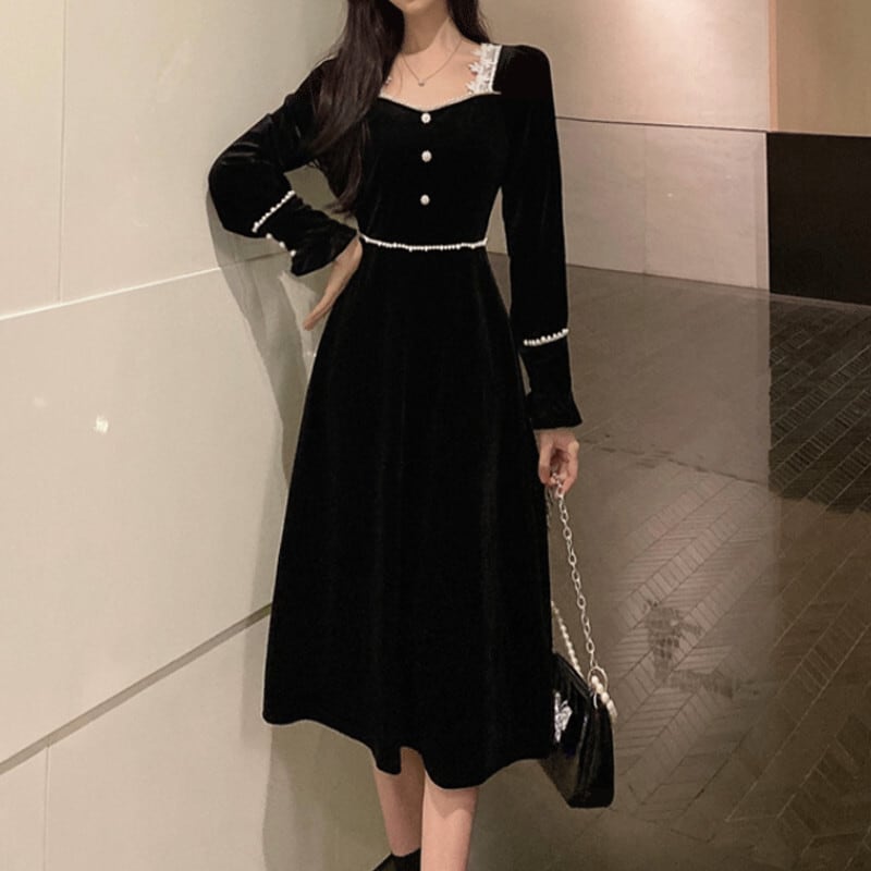 乐天商城 - ワンピース ロング丈 袖あり 長袖 Aライン ハイウエスト レース 大人可愛い きれいめ シンプル カジュアル 大人 上品 おしゃれ かっこいい レトロ 個性的 エレガント レース襟 モダン 秋 冬