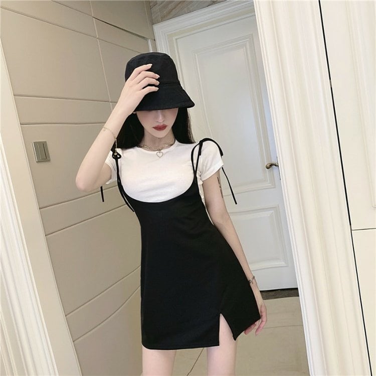 Rakuten - ワンピース 上着 人気 おすすめ おしゃれ お洒落 激安 安い 送料無料 プチプラ Tシャツ ティーシャツ 半袖 ミニスカート ウエスト ラウンドネック 丸首 無地 オリジナル 可愛い かわいい