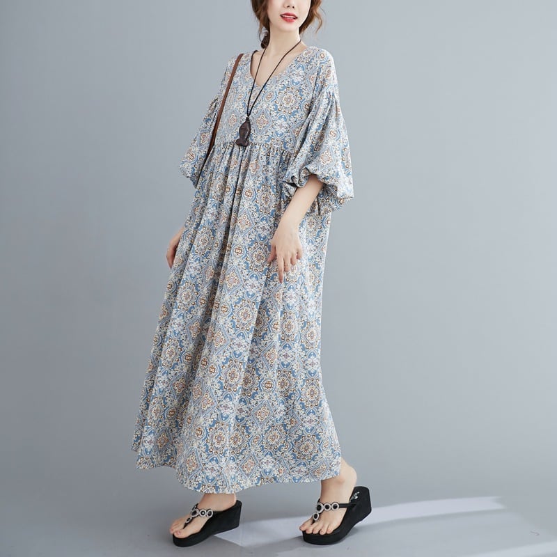 ワンピース 上着 人気 おすすめ おしゃれ お洒落 激安 安い 送料無料 プチプラ 長袖 ロング ラウンドネック マキシスカート 丸首 柄 エスニック ポリエステル プリント オリジナル 韓国