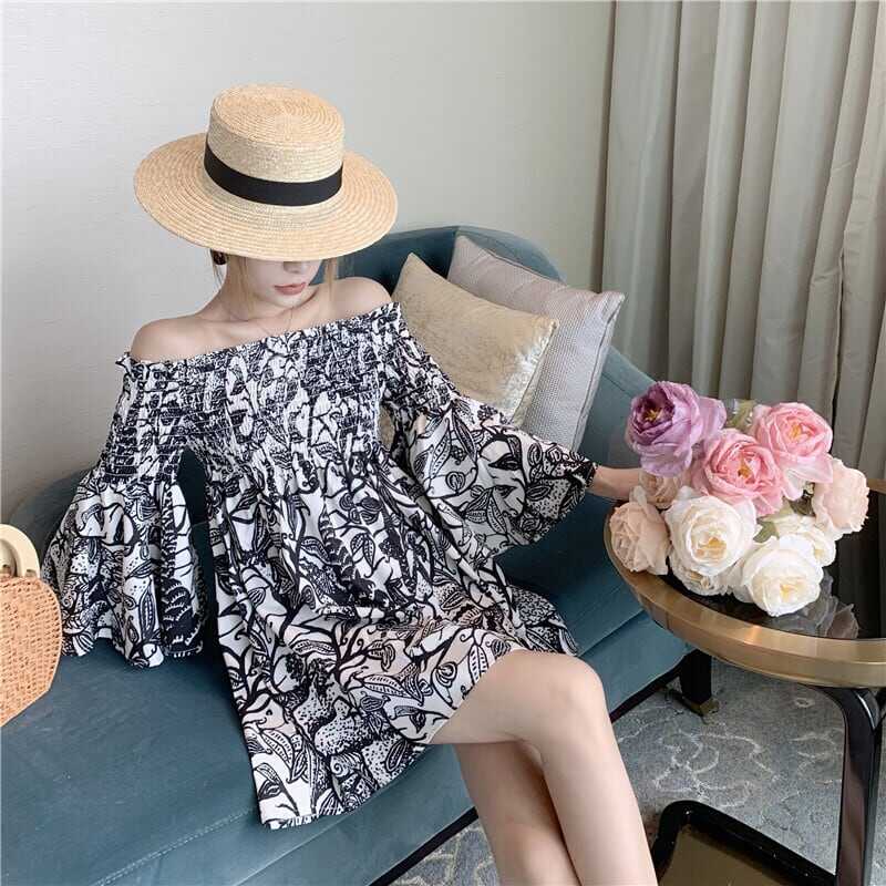 ワンピース 上着 人気 おすすめ おしゃれ お洒落 激安 安い 送料無料 プチプラ 長袖ロング オフショルダー 肩出し ふんわり 膝丈 ミニスカート 柄 プリント 花柄 ポリエステル 可愛い