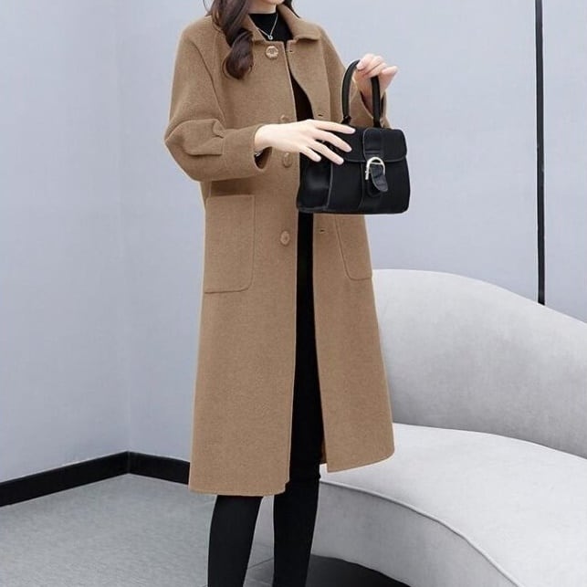 Turn-Down Collar Coat - ステンカラーコート オーバー ミモレ丈 アウター ミドル丈 暖かい 長袖 タック 丸襟 パフスリーブ シングル ブレスト ポケット ボタン 無地 温かい 防寒 大人 上品 おしゃれ ファッション こなれ感