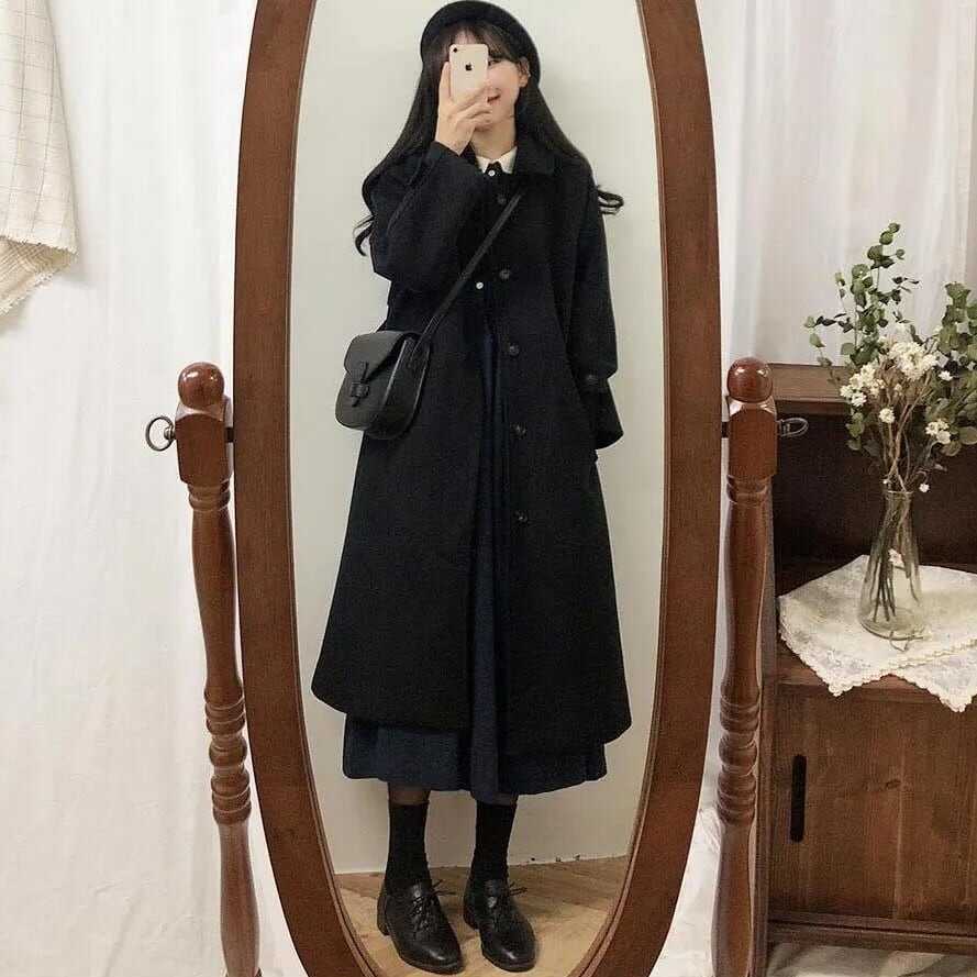 Rakuten - ステンカラーコート オーバー ミモレ丈 アウター ミドル丈 暖かい 長袖 タック 丸襟 パフスリーブ シングル ブレスト トラッド ポケット ボタン 無地 温かい 防寒 大人 上品 おしゃれ ファッション