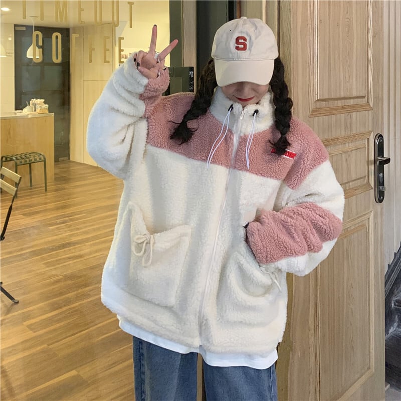 乐天商城 - ボアブルゾン レディース ジャケット アウター フェイクファー もこもこ バイカラー ハイネック ミディアム丈 ボア オーバーサイズ 韓国風 軽い 軽量 冬服 厚手 アウター 暖かい