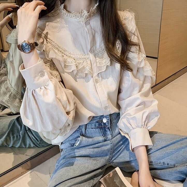 Long-Sleeved - トップス ブラウス 袖あり 長袖 フリル ギャザー デザイン袖 前開き スタンドカラー ボウタイブラウス リボン ショート丈 バブルスリーブ かわいい 大人可愛い シンプル カジュアル 大人