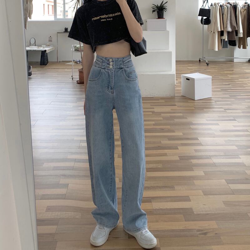 ボトムス ハイウエスト デニム パンツ ワイドレッグ ゆったり ストレート 薄手 ライトブルー ボーイッシュ ジーンズ かわいい 大人可愛い きれいめ シンプル カジュアル 大人 上品