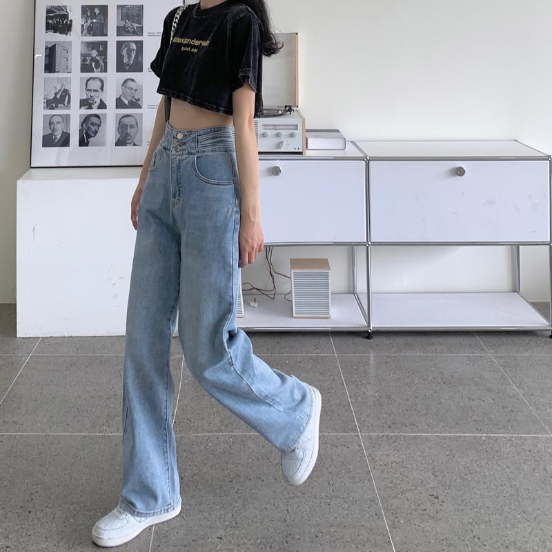 ボトムス ハイウエスト デニム パンツ ワイドレッグ ゆったり ストレート 薄手 ライトブルー ボーイッシュ ジーンズ かわいい 大人可愛い きれいめ シンプル カジュアル 大人 上品