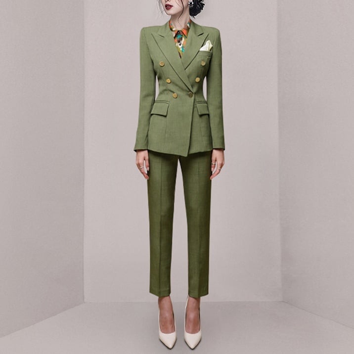 セットアップ ジャケット 上着 スーツ ロング ロング丈 袖あり 長袖 スラックス ボタン装飾 ヴィンテージ風 センタープレス スリム アンクルパンツ タイト 上下セット 2点セット