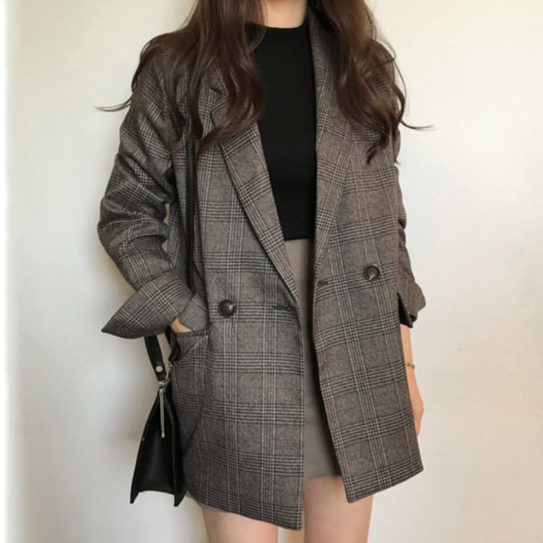 Rakuten - アウター ジャケット おすすめ 人気 流行り 暖かい 防寒 トレンド おしゃれ お洒落 激安 安い 送料無料 プチプラ テーラード ジャケット ミドル丈 チュニック丈 オーバーサイズ チェック 格子柄 襟付き