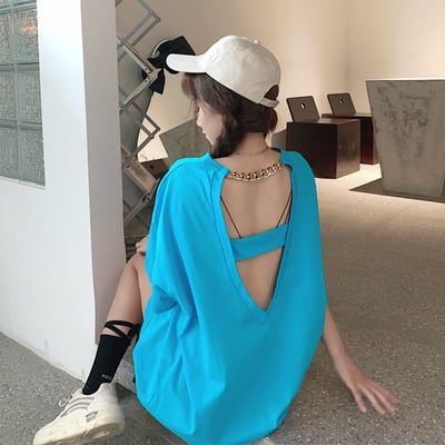 Tシャツ カットソー 白トップス ビッグT 袖あり 半袖 背中見せ カジュアル おしゃれ かっこいい アジアン ラフ スポーティー ルーズ 無地 夏 10代 20代 30代 40代 レディース 学生 通学 デート