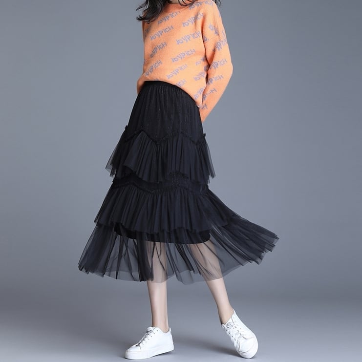 スカート ボトムス ミモレ丈 フレア チュール 無地 ジグザグ ティア—ドスカート 透け感 シアー シースルー ギャザー ウエストゴム ボリューム モード ハイウエスト ワイド ゆったり